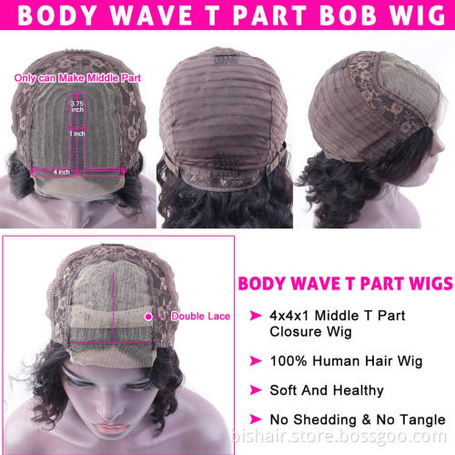 Suitable for women 100% real human hair 4x1 T part lace front body wave wig Brazilian wave wave head wig Bob wig real human hair